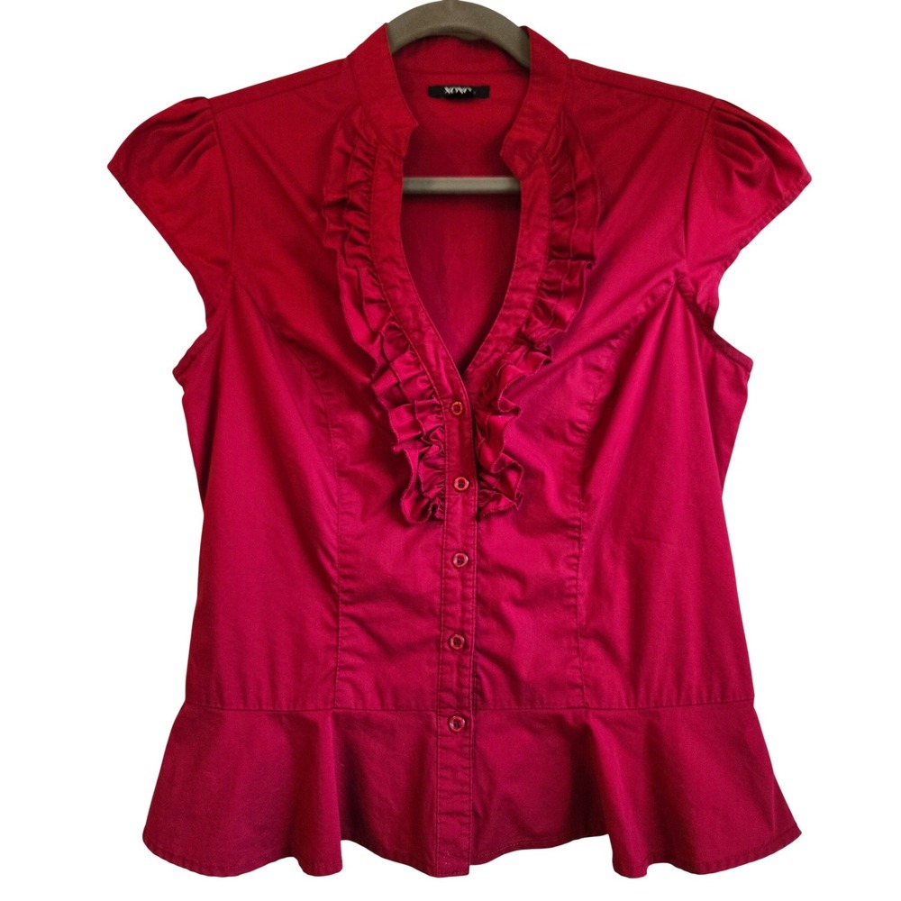 1990's Vintage XOXO Womens M Ruffle V-Neck Peplum‎ Blouse Cap Sleeve Button Down